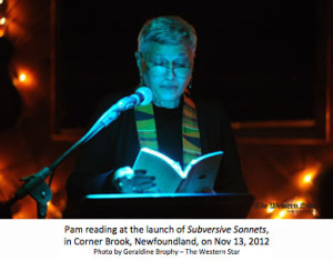 Pam reading at the launch of Subversive Sonnets, in Corner Brook, Newfoundland, on Nov 13, 2012.